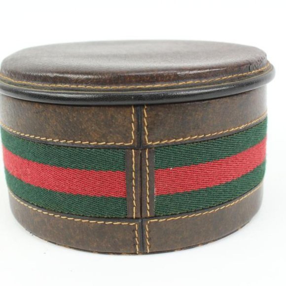 Gucci Ultra Rare Brown Leather Web Round Box Case Jar Boite 71g411s - Picture 9 of 12
